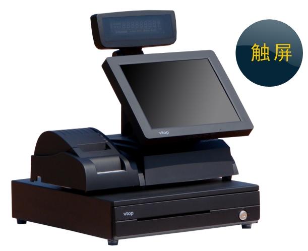 广州15寸触摸收银POS一体机，钱箱客显小票打印机齐全